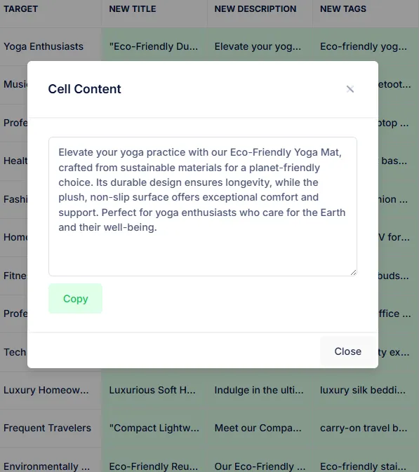 Step-by-step process of generating AI product descriptions with Clever CSV